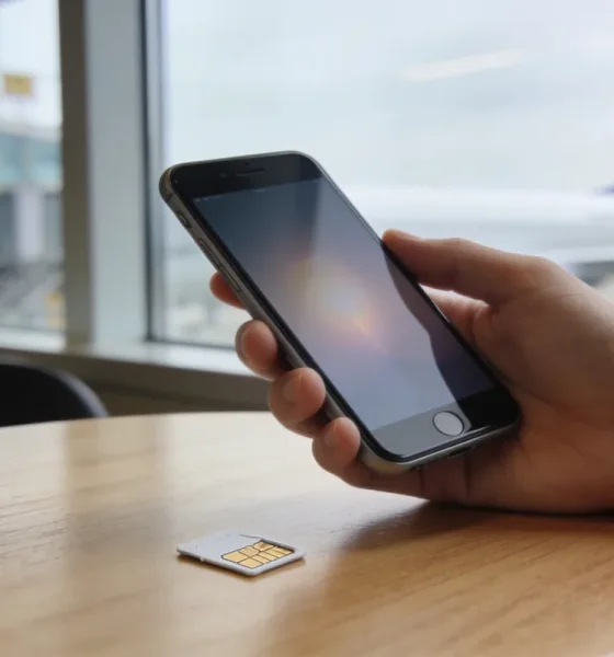 A hand holding a smartphone above a light wooden cafe table with a small plastic SIM card lying beside it, an airport terminal and plane wing softly blurred beyond a window, the phone screen glowing with no readable content.