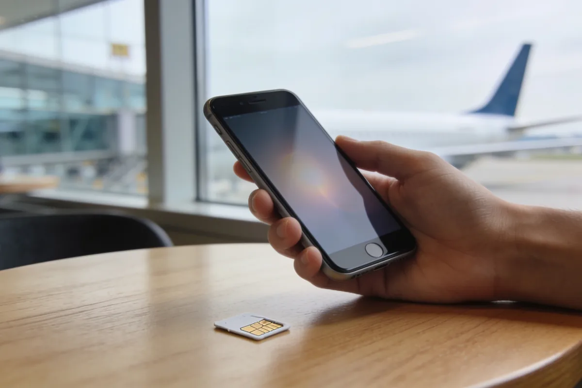 A hand holding a smartphone above a light wooden cafe table with a small plastic SIM card lying beside it, an airport terminal and plane wing softly blurred beyond a window, the phone screen glowing with no readable content.