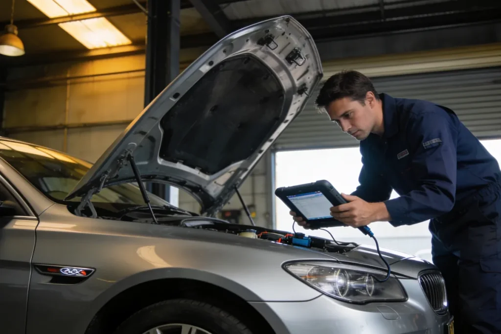 Mechanic in a Melbourne workshop using a diagnostic tablet on an open-bonnet silver European sedan