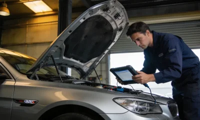 Mechanic in a Melbourne workshop using a diagnostic tablet on an open-bonnet silver European sedan