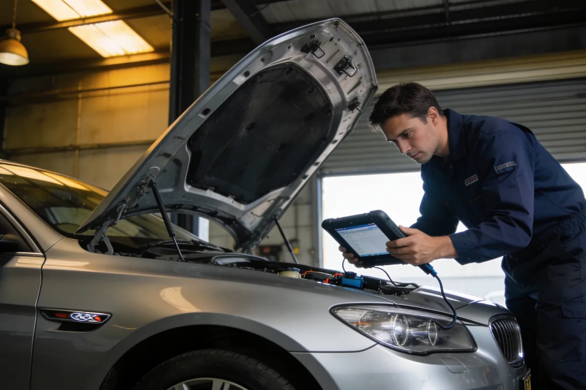 Mechanic in a Melbourne workshop using a diagnostic tablet on an open-bonnet silver European sedan
