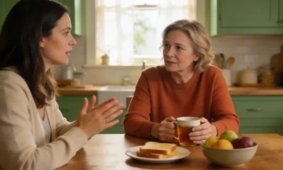 A mother and her adult daughter having a calm conversation at the kitchen table at home.