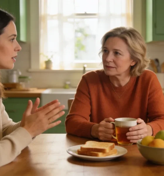 A mother and her adult daughter having a calm conversation at the kitchen table at home.