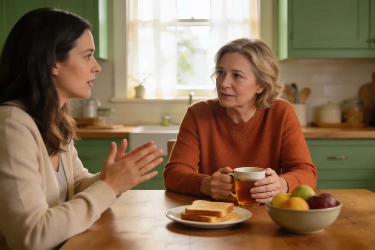A mother and her adult daughter having a calm conversation at the kitchen table at home.