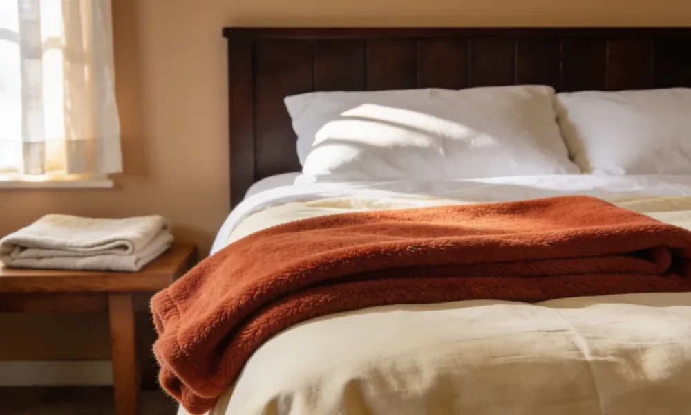 layered fleece and cotton bedding on a bed in a bright bedroom