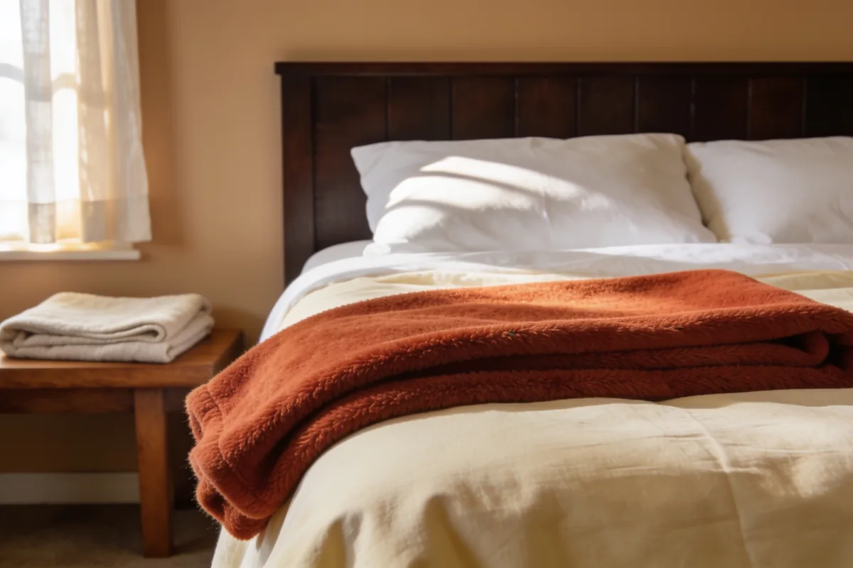 layered fleece and cotton bedding on a bed in a bright bedroom