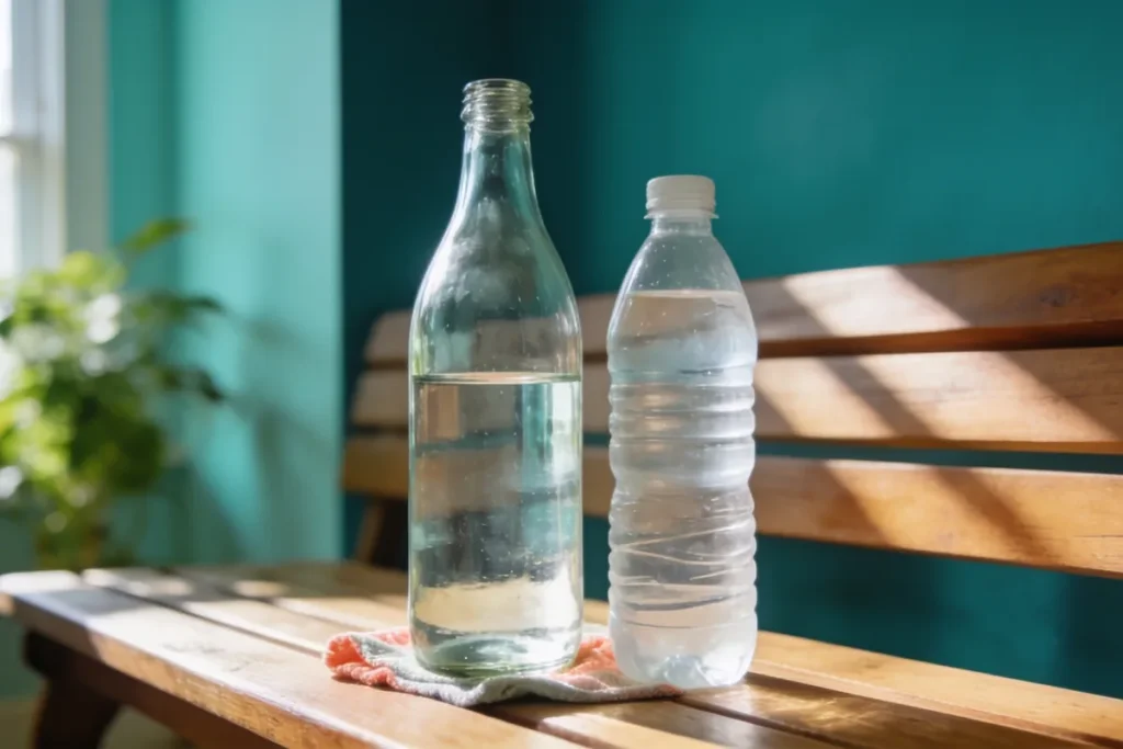 glass and plastic water bottles side by side on a timber bench