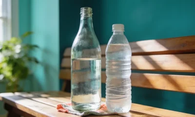 glass and plastic water bottles side by side on a timber bench