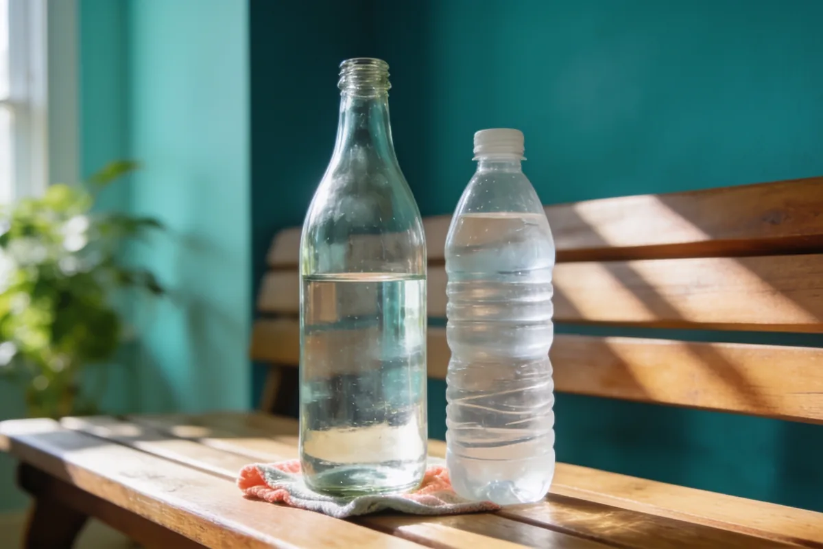 glass and plastic water bottles side by side on a timber bench