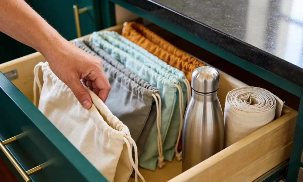 Hand lifting a folded reusable shopping bag from a kitchen drawer holding a stainless bottle and cloth bags.