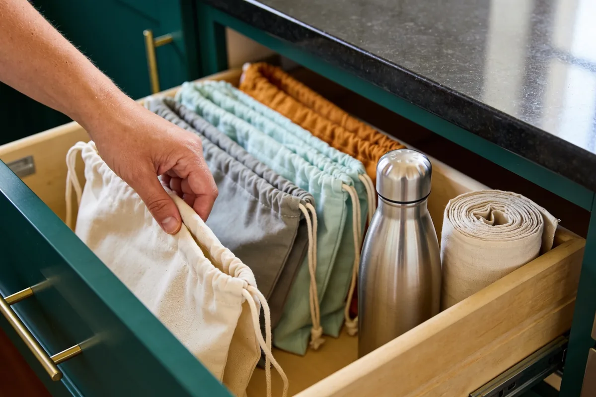 Hand lifting a folded reusable shopping bag from a kitchen drawer holding a stainless bottle and cloth bags.