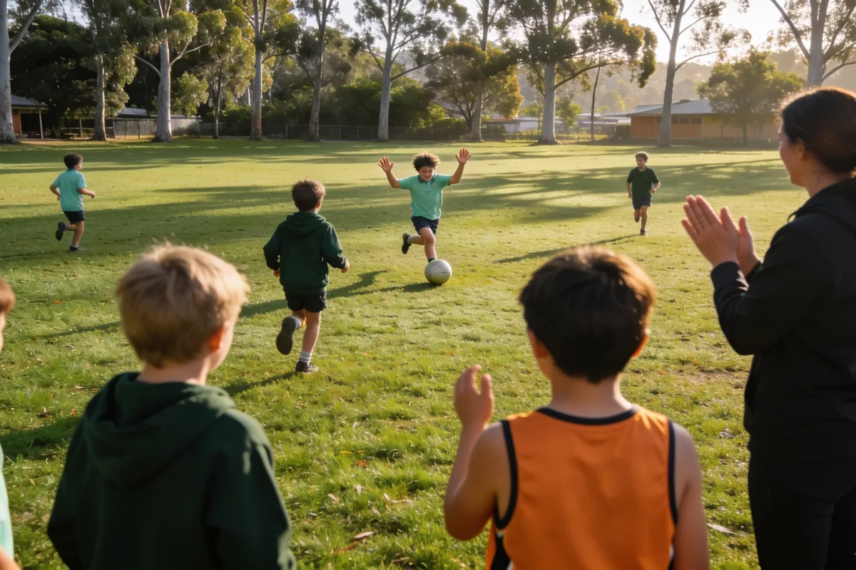 school children playing an inclusive PE game on an Australian oval