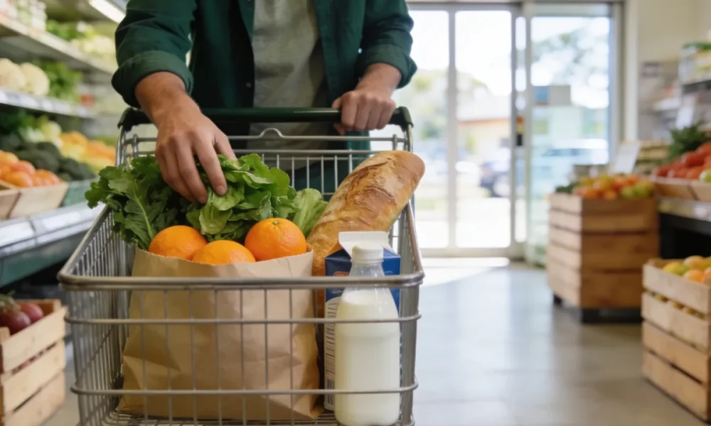 Shopper from behind filling a supermarket trolley with fresh fruit, vegetables, bread and milk in the produce aisle of a bright Australian grocery store