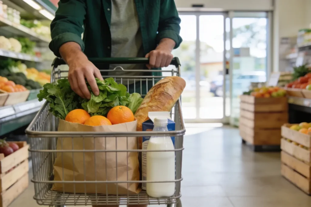 Shopper from behind filling a supermarket trolley with fresh fruit, vegetables, bread and milk in the produce aisle of a bright Australian grocery store