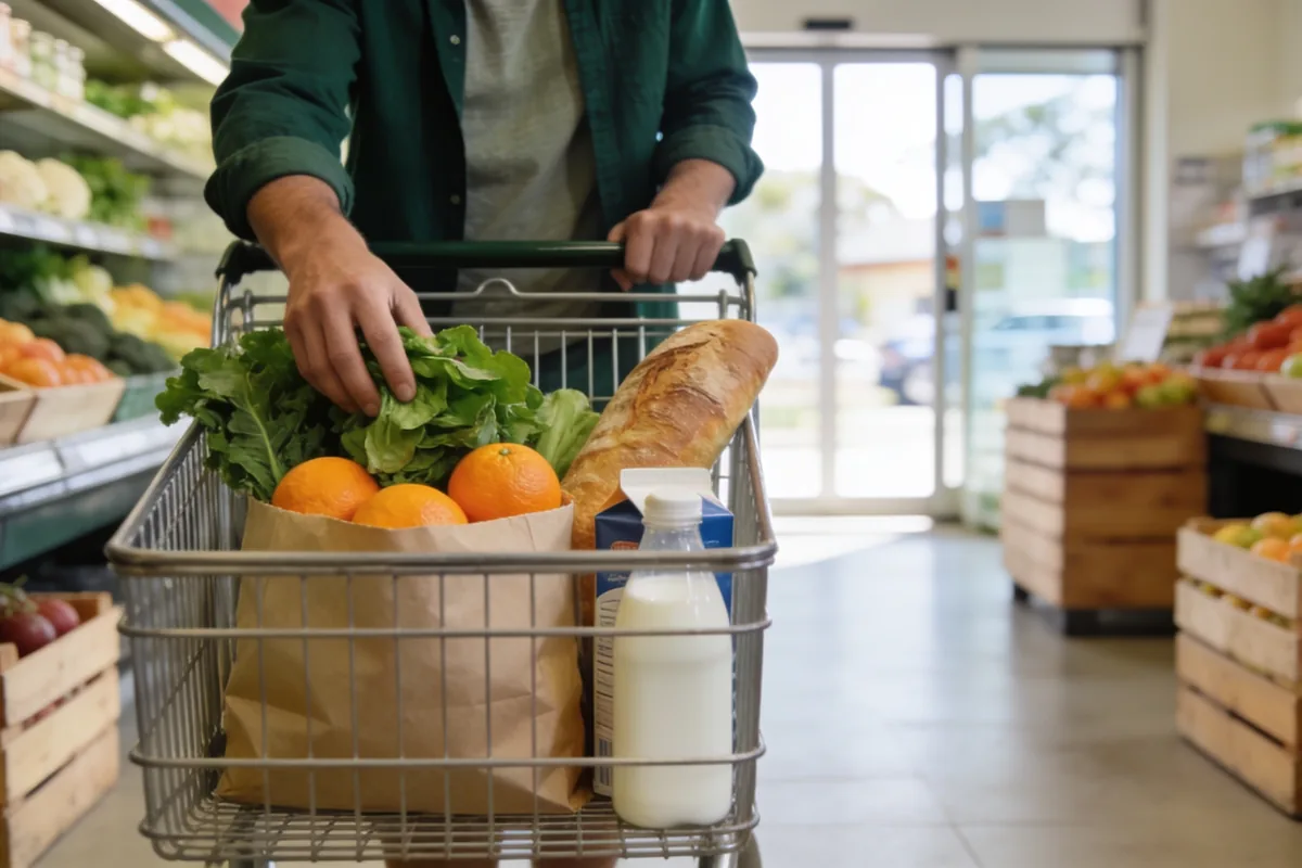 Shopper from behind filling a supermarket trolley with fresh fruit, vegetables, bread and milk in the produce aisle of a bright Australian grocery store