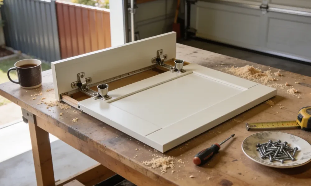 Cabinet door laid face down on a garage workbench with its two concealed cup hinges exposed, beside a screwdriver, tape measure, a saucer of screws, a mug and sawdust