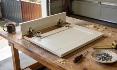 Cabinet door laid face down on a garage workbench with its two concealed cup hinges exposed, beside a screwdriver, tape measure, a saucer of screws, a mug and sawdust