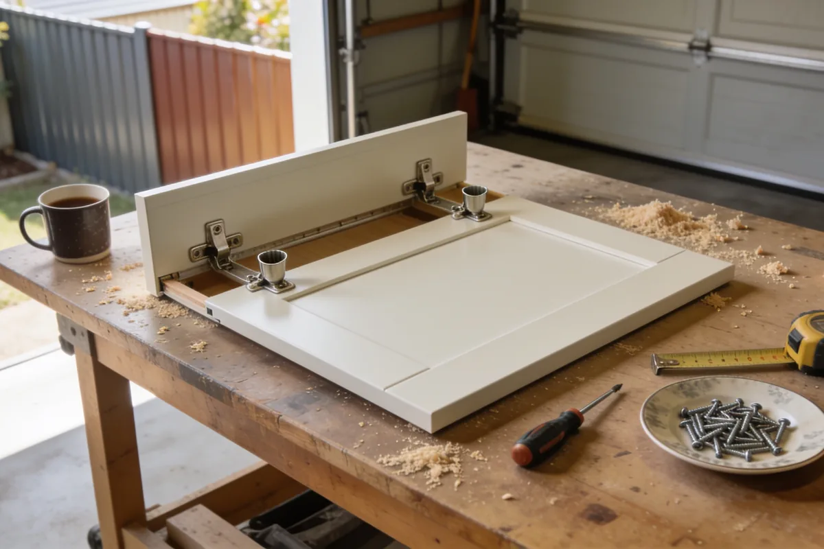 Cabinet door laid face down on a garage workbench with its two concealed cup hinges exposed, beside a screwdriver, tape measure, a saucer of screws, a mug and sawdust