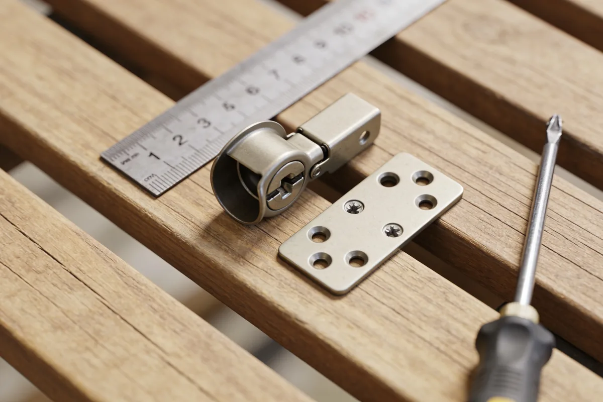 Concealed cup hinge and its separate mounting plate laid side by side on a timber bench, with a steel ruler alongside for scale and a screwdriver at the edge of frame