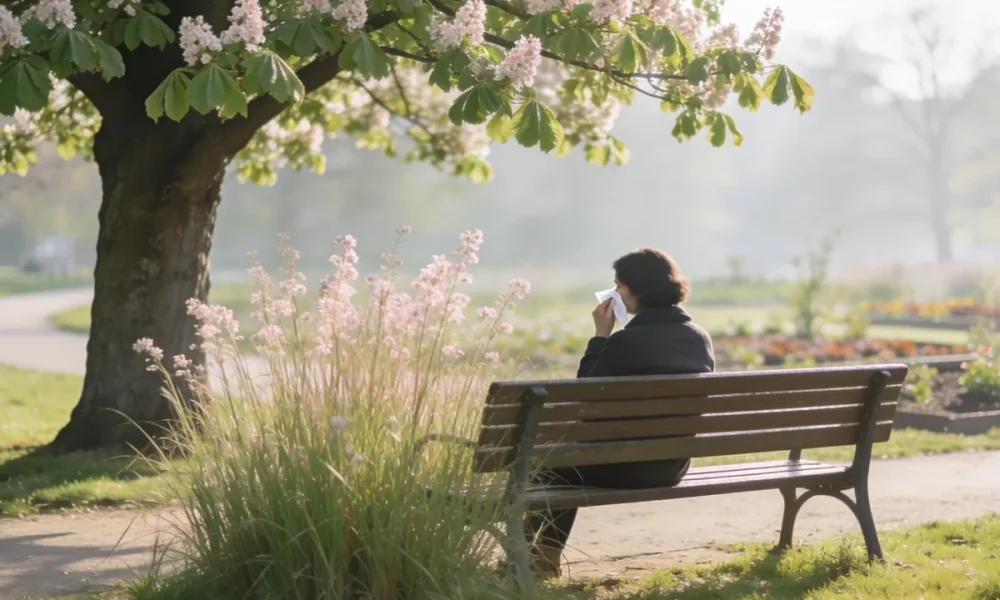 A person sitting on a park bench in an Australian spring park, seen from behind holding a tissue to their nose, a flowering tree and tall grass in bloom nearby in soft morning light.