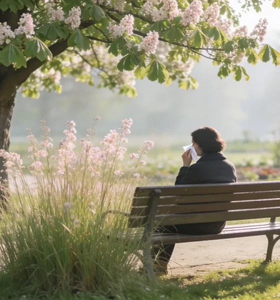 A person sitting on a park bench in an Australian spring park, seen from behind holding a tissue to their nose, a flowering tree and tall grass in bloom nearby in soft morning light.