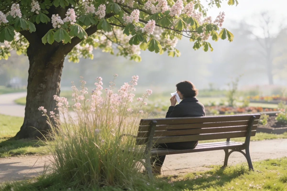 A person sitting on a park bench in an Australian spring park, seen from behind holding a tissue to their nose, a flowering tree and tall grass in bloom nearby in soft morning light.
