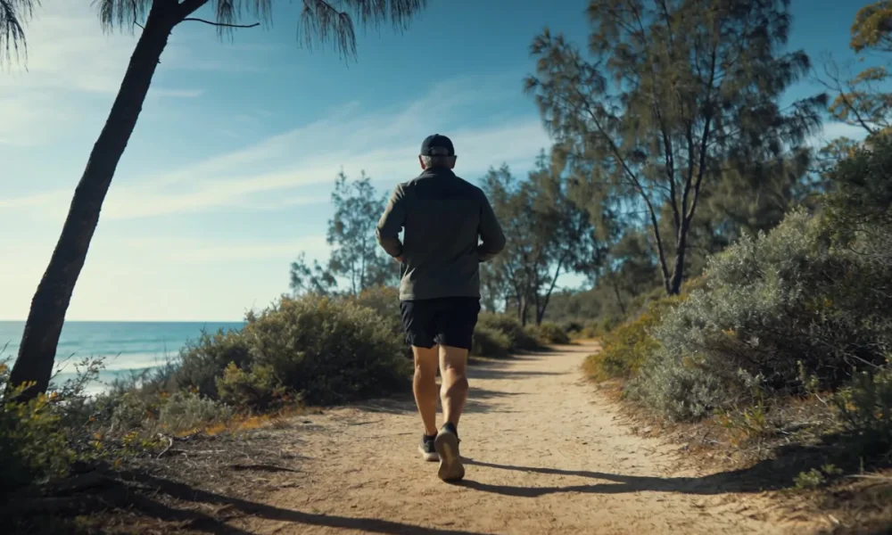 person walking a eucalyptus-lined coastal bush track