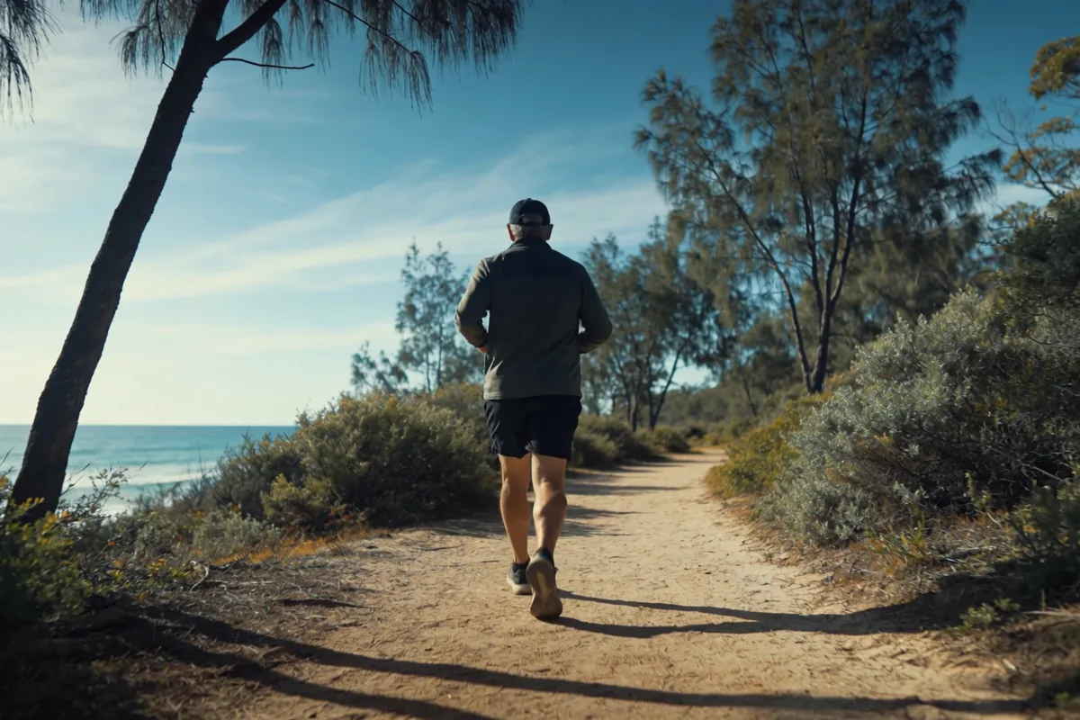 person walking a eucalyptus-lined coastal bush track
