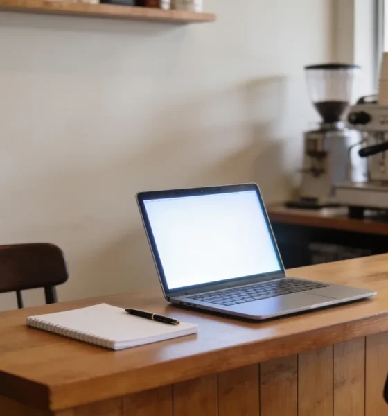 A tidy wooden counter in a small Australian shop or cafe with a blank notepad and pen, an open laptop on a blank glowing screen, and a second chair pulled up ready for a new team member, with bare walls behind.