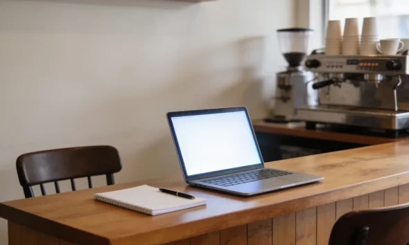 A tidy wooden counter in a small Australian shop or cafe with a blank notepad and pen, an open laptop on a blank glowing screen, and a second chair pulled up ready for a new team member, with bare walls behind.