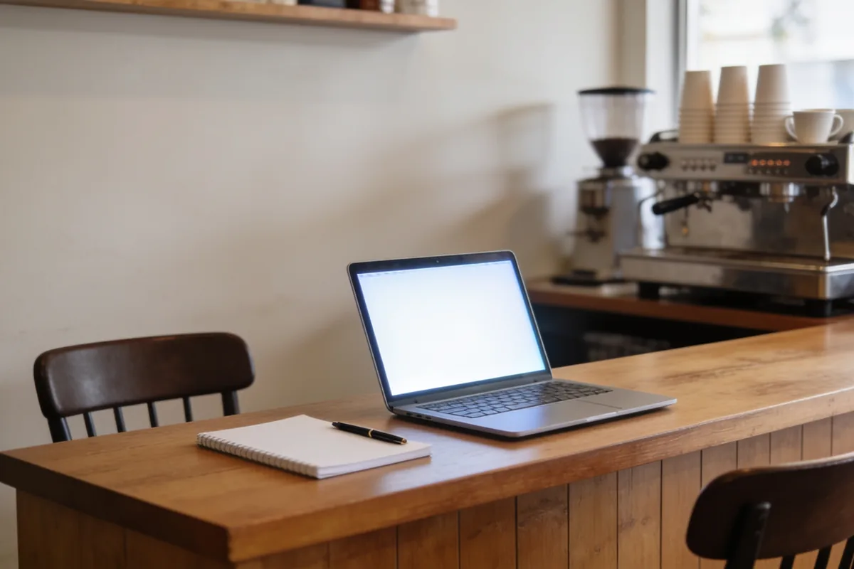 A tidy wooden counter in a small Australian shop or cafe with a blank notepad and pen, an open laptop on a blank glowing screen, and a second chair pulled up ready for a new team member, with bare walls behind.