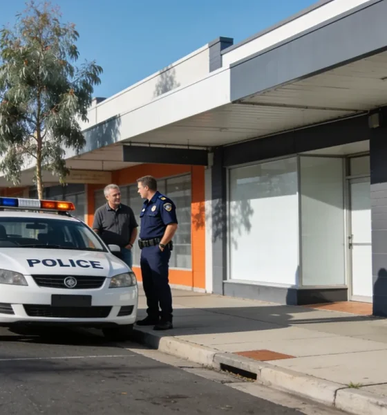 Security guard talking with a shop owner beside an unmarked white patrol car outside a Geelong shopfront
