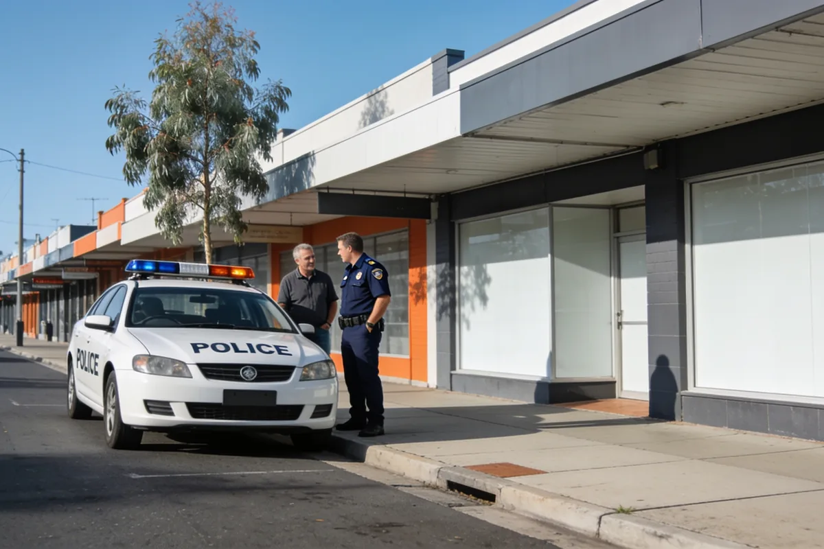 Security guard talking with a shop owner beside an unmarked white patrol car outside a Geelong shopfront