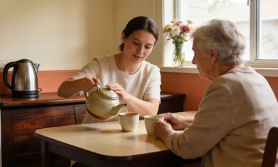 A home care worker pouring tea from a ceramic teapot for an older woman at a kitchen table in a warm Australian home.