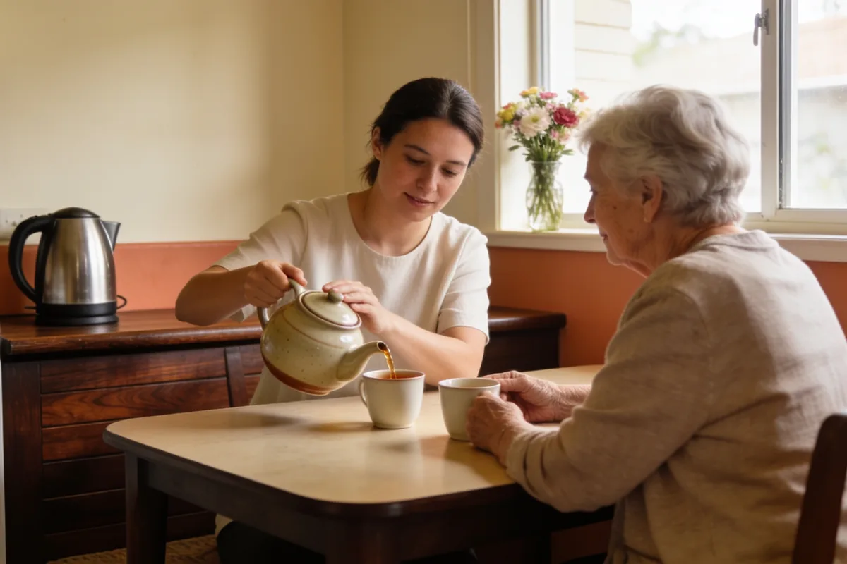 A home care worker pouring tea from a ceramic teapot for an older woman at a kitchen table in a warm Australian home.