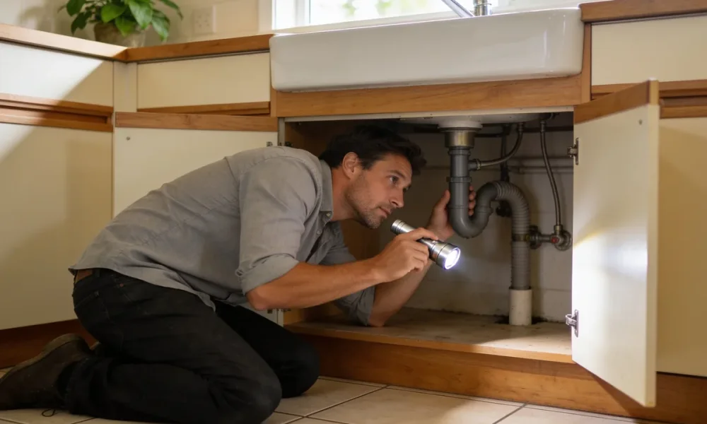 A homeowner kneeling to inspect the pipes under a kitchen sink with a flashlight in the morning light.