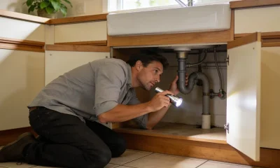 A homeowner kneeling to inspect the pipes under a kitchen sink with a flashlight in the morning light.