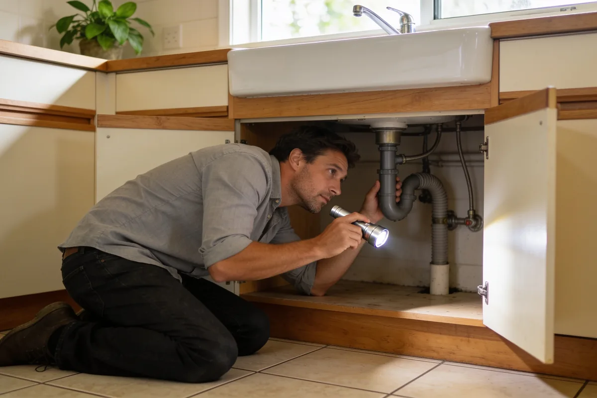 A homeowner kneeling to inspect the pipes under a kitchen sink with a flashlight in the morning light.