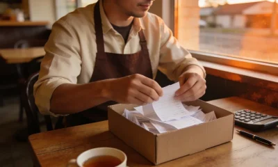 Small-business owner sorting a cardboard shoebox of paper receipts at a cafe table in Werribee at the end of the financial year.