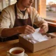 Small-business owner sorting a cardboard shoebox of paper receipts at a cafe table in Werribee at the end of the financial year.