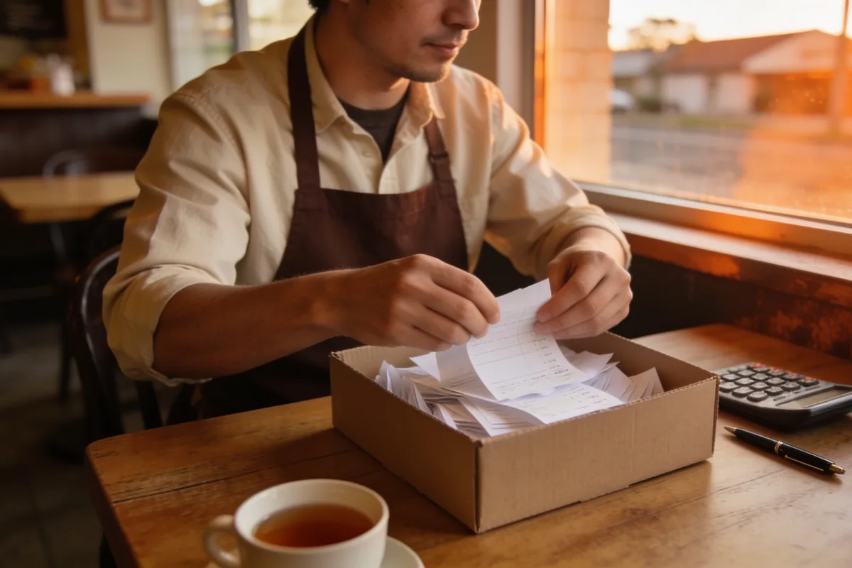 Small-business owner sorting a cardboard shoebox of paper receipts at a cafe table in Werribee at the end of the financial year.