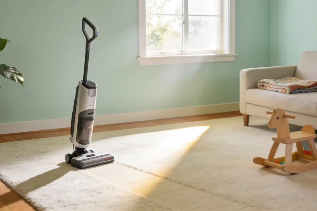 Bright Australian family living room with a cream carpet in a sunbeam and a vacuum cleaner standing ready