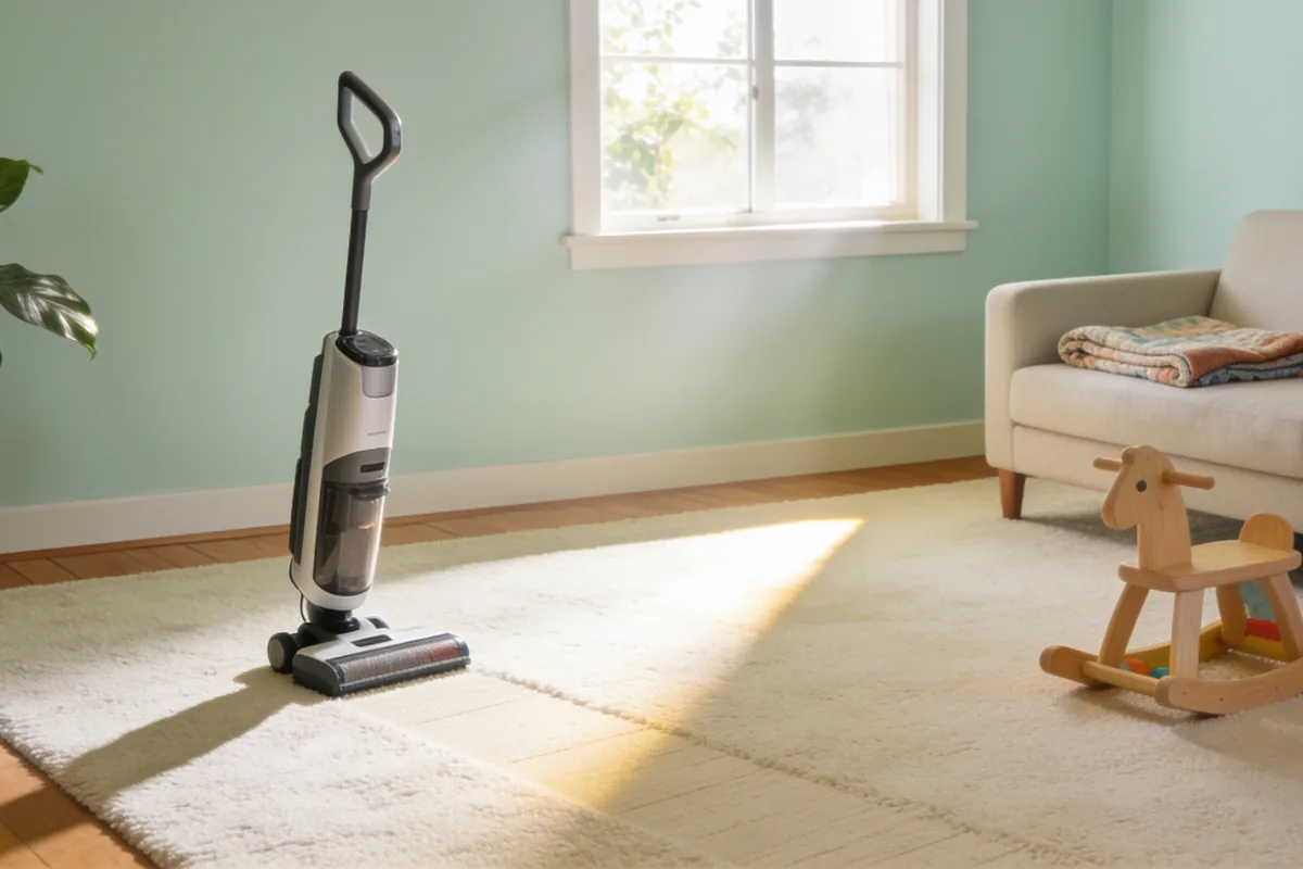 Bright Australian family living room with a cream carpet in a sunbeam and a vacuum cleaner standing ready