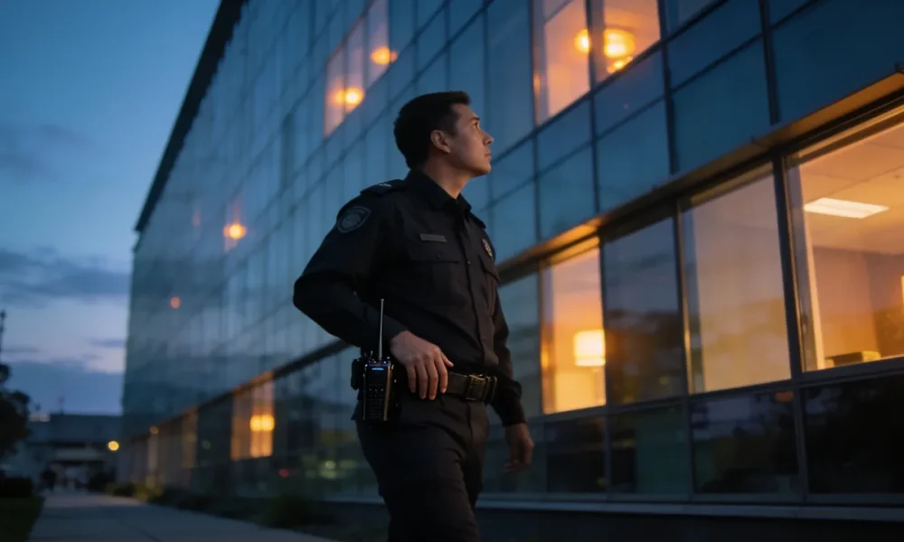 Security guard in a plain dark uniform on evening patrol outside a modern glass office building in Melbourne at dusk.