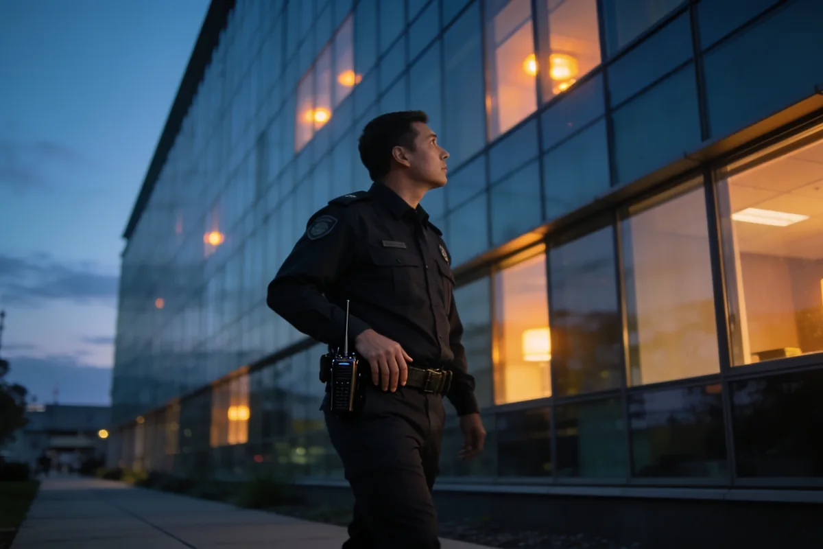 Security guard in a plain dark uniform on evening patrol outside a modern glass office building in Melbourne at dusk.