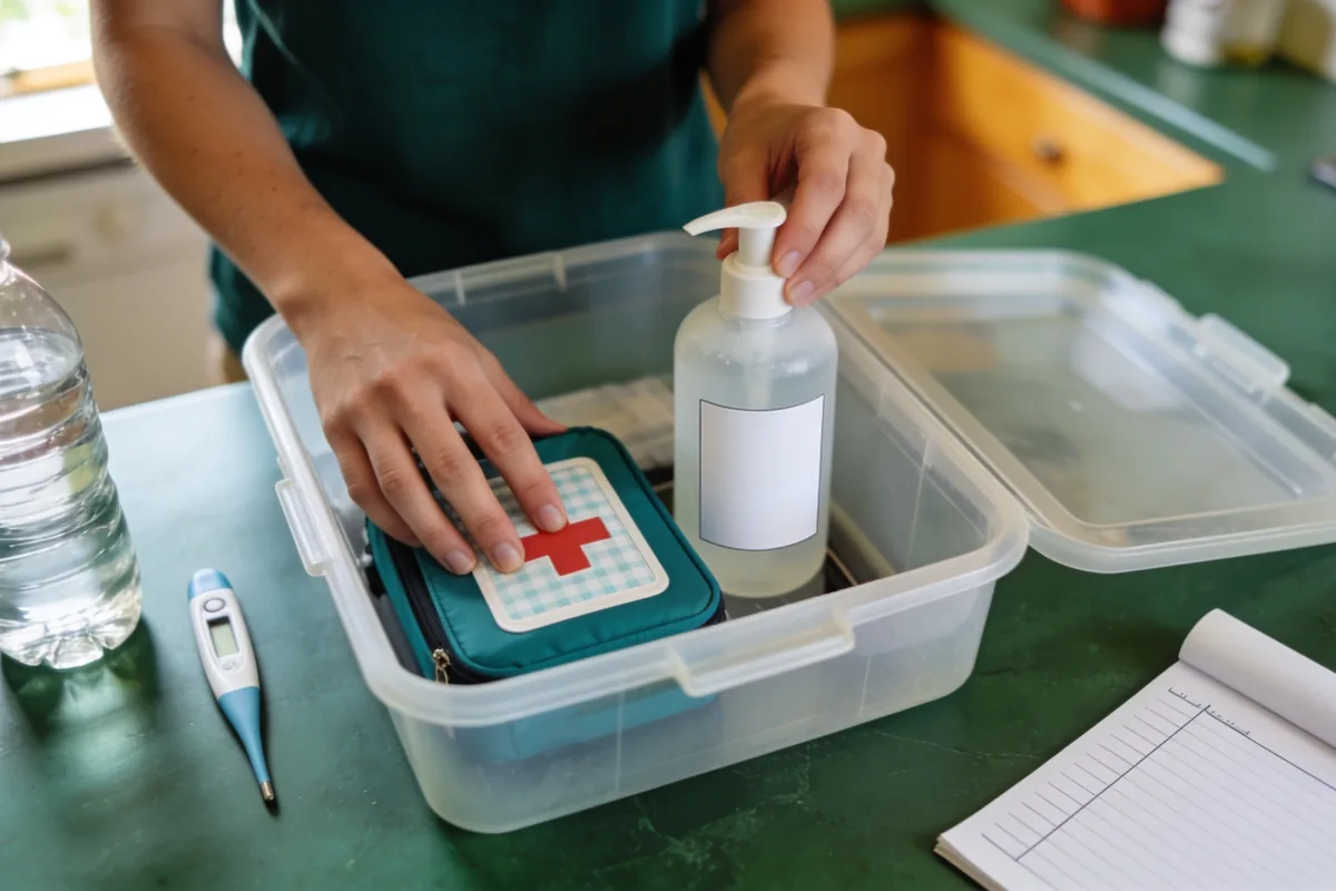 Hands packing a household emergency kit on an Australian kitchen bench with first-aid kit, hand sanitiser, water bottle and thermometer.