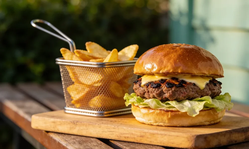 Handmade beef burger with a charred crust patty, melted cheese and fresh lettuce on a wooden board at a casual Australian cafe