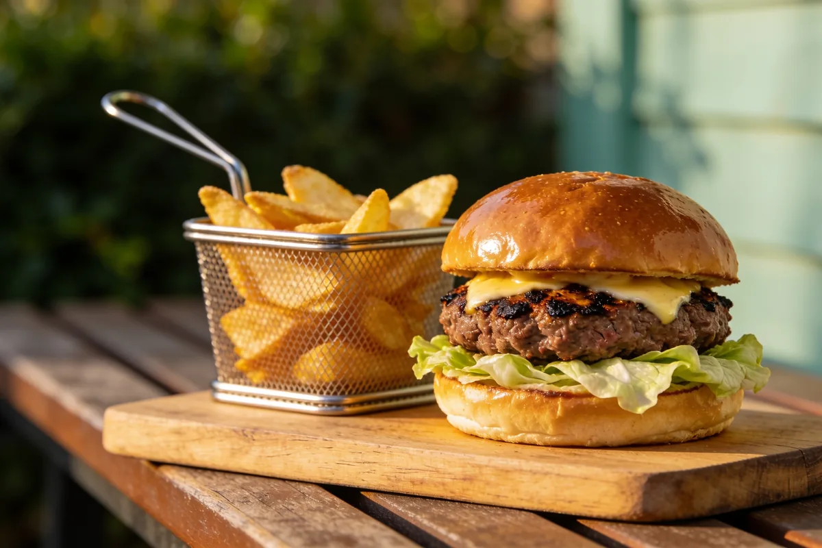 Handmade beef burger with a charred crust patty, melted cheese and fresh lettuce on a wooden board at a casual Australian cafe
