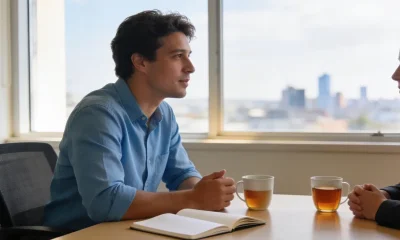 A client and an adviser in conversation at a table in a bright Melbourne office.