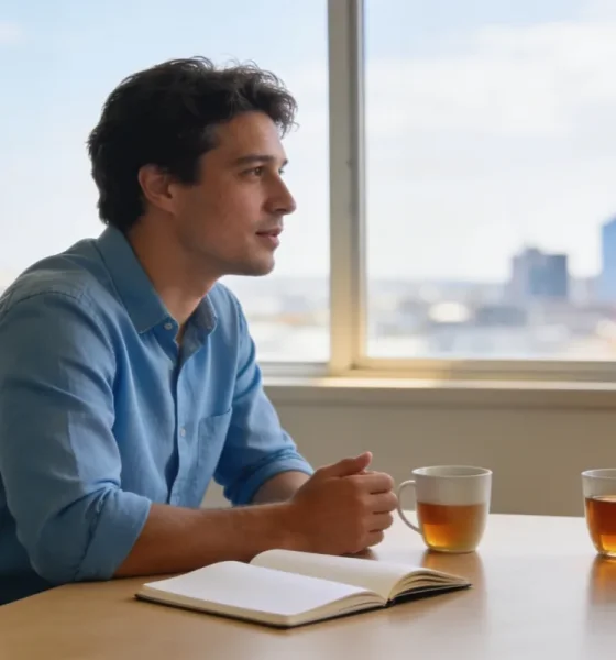 A client and an adviser in conversation at a table in a bright Melbourne office.